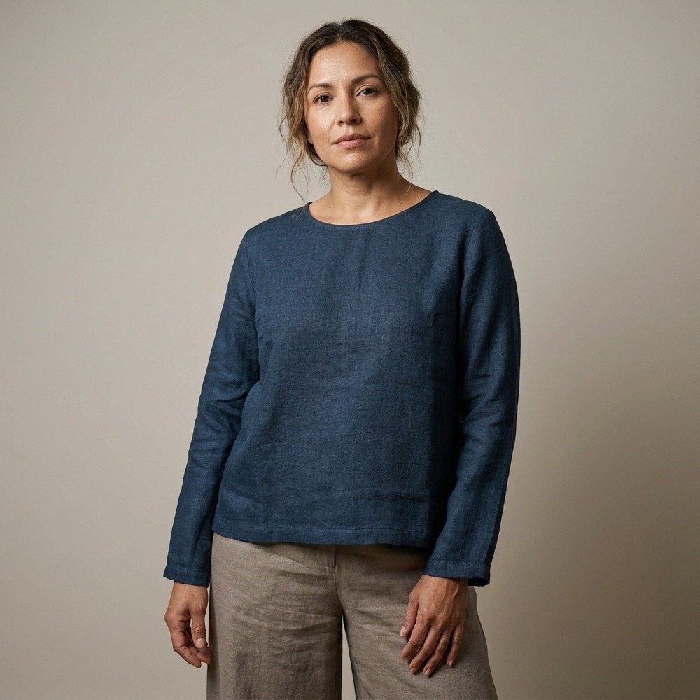 FILOSOFIA Navy Blue 100% Linen Boxy Long Sleeve Top‎ Made in USA Womens Large